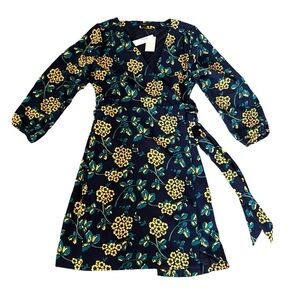 J. Crew Womens Gold Floral Navy Blue Wrap Dress NWT